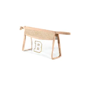Close-up of clear PVC cosmetic bag featuring straw trim and yellow letter B embroidery