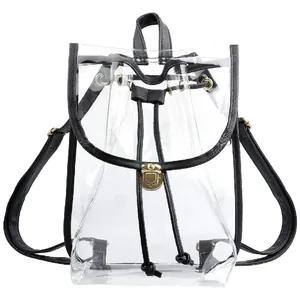Detailed macro view of transparent PVC backpack with black trim and gold buckle closure