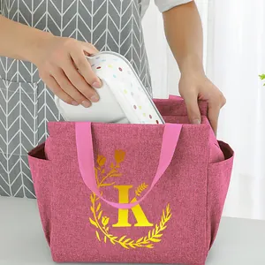 Portable insulated lunch bag with golden initial K floral pattern and large capacity