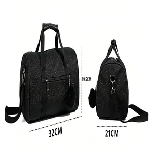Detailed view of black glitter sports bag showing dimensions 32cm by 19.5cm and 21cm width.