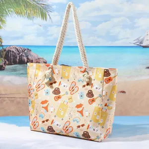 Grande borsa da spiaggia in tela stampata con vari motivi estivi e manici in corda