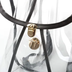 Close-up detail of golden metal clasp on transparent PVC backpack