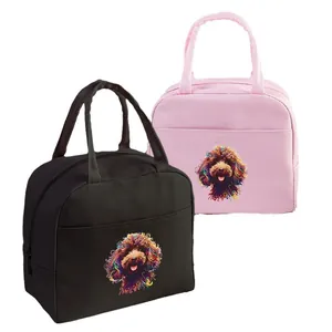 Insulated lunch bags with colorful poodle prints in black and pink for picnics