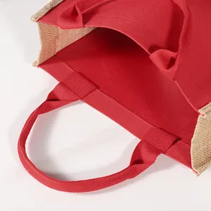 Bolso tote bicolor de lona de yute rojo con forro impermeable y asas resistentes