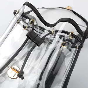 Close-up detail of a PVC transparent backpack with black drawstring and gold hardware