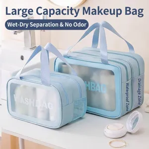 Set of two blue double-layer travel cosmetic bags with dry-wet separation design