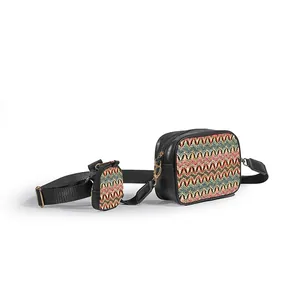 Bohemian style 2-in-1 woven crossbody bag set with chevron pattern and wide strap