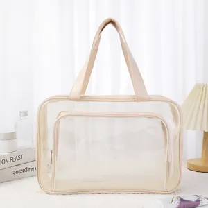 Large transparent mesh wash bag for swimming and travel cosmetics storage in beige