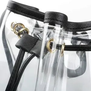 Detail shot of golden metal eyelets and drawstring on a clear PVC backpack.