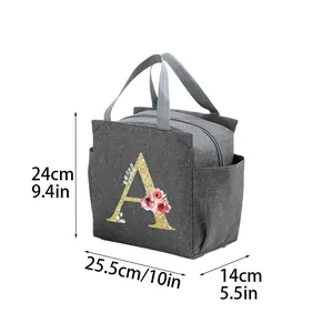 Detailed size diagram of the grey insulated lunch bag featuring floral letter A