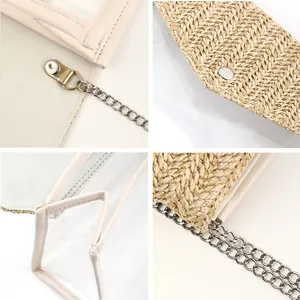 Detalles de la textura de paja tejida, la cadena de metal y el material de PVC transparente.