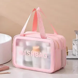Large capacity waterproof double-layer travel toiletry bag in soft pink color design for women