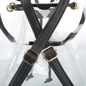 Close-up of adjustable black textured straps and gold buckles on a clear PVC backpack