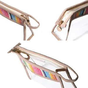 Macro detail of a clear PVC makeup bag featuring a colorful rainbow woven straw border.