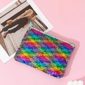 Vibrant rainbow sequin pouch with flip glitter texture for stationery or makeup.