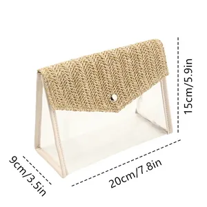Vista detallada del neceser de PVC transparente y paja con dimensiones 20x15x9cm