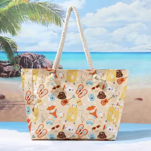 Elegante borsa da spiaggia capiente con manici in corda di cotone e stampe a tema vacanza
