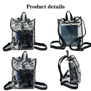Detail view of a clear PVC backpack with black straps and stadium-approved design