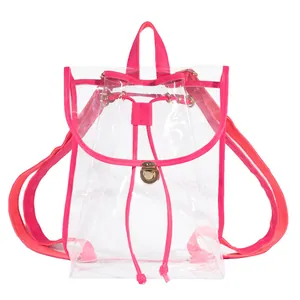 Close-up detail of large capacity transparent PVC backpack with pink nylon straps and gold hardware