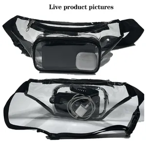 Detail of transparent waterproof PVC waist bag with smartphone and accessories inside.