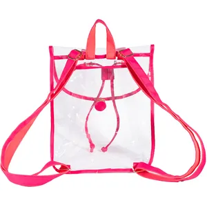 Detailed back view of a clear transparent PVC backpack with vibrant hot pink straps