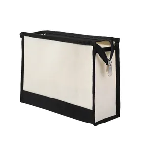 Trousse de maquillage en toile blanche avec bordure noire contrastée et fermeture éclair