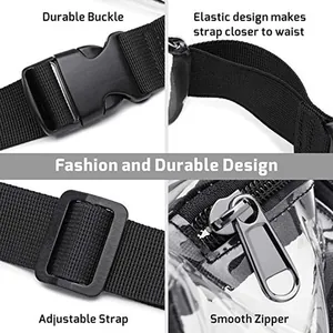 Detailed view of clear PVC waist bag featuring durable buckle, elastic strap and zipper.