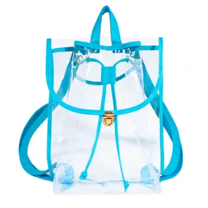 Front view of a clear PVC backpack with blue fabric trim and a gold-tone metal lock