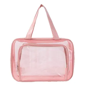 Professional large capacity pink mesh transparent travel toiletry bag for swimming and gym use.