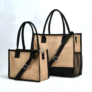 Borse tote in juta minimaliste urbane in due dimensioni con tracolle nere staccabili.