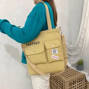 Women Casual Polyester Canvas Crossbody Bag Large Capacity Multi Pocket School Tote Bag Shoulder Bag With Adjustable Strap