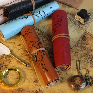 Astuccio a Rotolo in Pelle PU Mappa del Tesoro Vintage Grande Capacità Borsa da Cancelleria Nautica Con Ciondolo a Bussola per Studenti