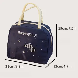 Borsa termica blu navy con dimensioni dettagliate e decorazione con simpatici pesci