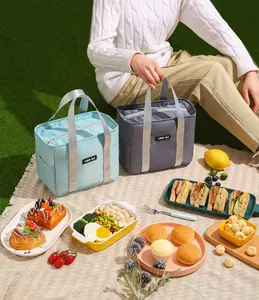 Isolierte Lunchpakete in Hellblau und Grau in einer Picknick-Umgebung im Freien