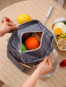 Nahaufnahme des Inneren einer großen grauen Isoliertasche gefüllt mit Obst und Speisen