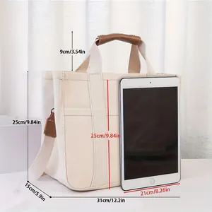Dimensiones de bolso tote de lona grande con comparación de tamaño de iPad