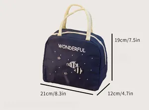Vista dettagliata della borsa termica portatile con stampa di pesci e dimensioni