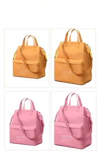 Large insulated lunch bags in pink and orange colors with shoulder straps and handles