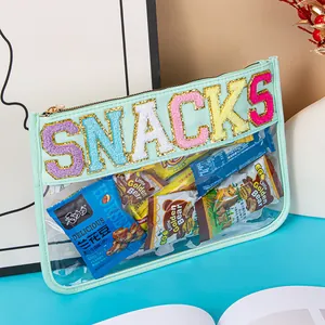Close-up of PVC transparent bag with colorful SNACKS chenille embroidery letters