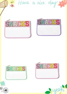 Set of four PVC transparent storage bags with colorful embroidered SNACKS lettering