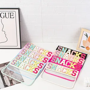 Transparent PVC Makeup Bag Colorful Chenille Letter Snacks Embroidery Waterproof Travel Toiletry Organizer Pouch For Women
