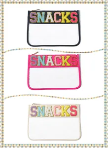 Close-up detail of clear PVC pouches featuring colorful SNACKS letter embroidery