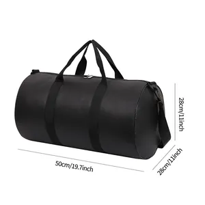 Black waterproof sports duffel bag showing dimensions of 50cm length and 28cm diameter