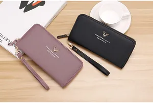 Elegant litchi grain women's long zipper wallet with wrist strap and deer logo