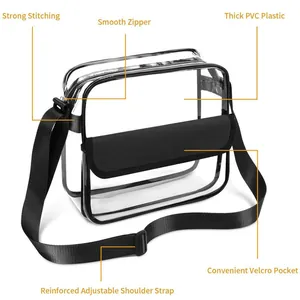 Vista dettagliata della borsa da stadio in PVC trasparente con tracolla e velcro