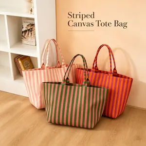 Large capacity striped canvas tote bag set in multiple colors for beach and daily use