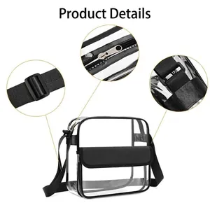 Dettagli ravvicinati di borsa a tracolla in PVC trasparente con zip e regolazione cinghia.