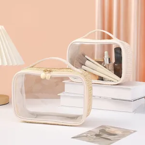 Women Woven Handheld Makeup Bag Transparent PVC Travel Toiletry Bag Waterproof Cosmetic Storage Bag Modern Simple Wash Bag For Vacation Business Trip