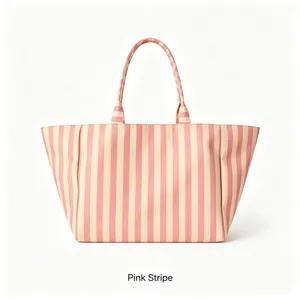 Large pink striped canvas tote bag for women