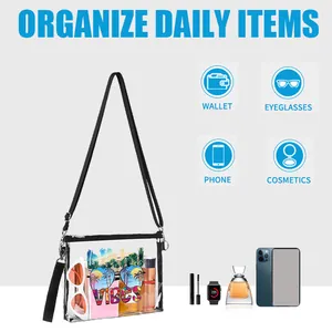 Clear PVC crossbody bag showing daily items organization for waterproof storage use.